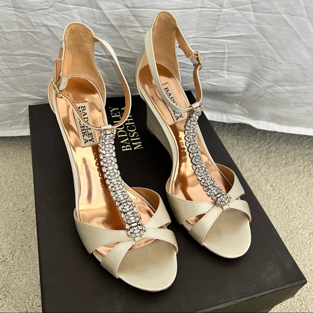 Badgley Mischka Wedges in Satin Ivory with Crystals